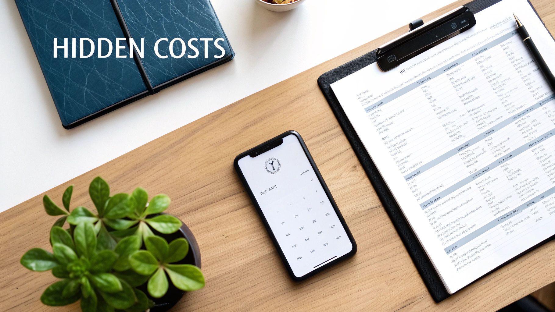 Overhead shot of a desk with a notebook displaying 'HIDDEN COSTS', smartphone, and financial documents.