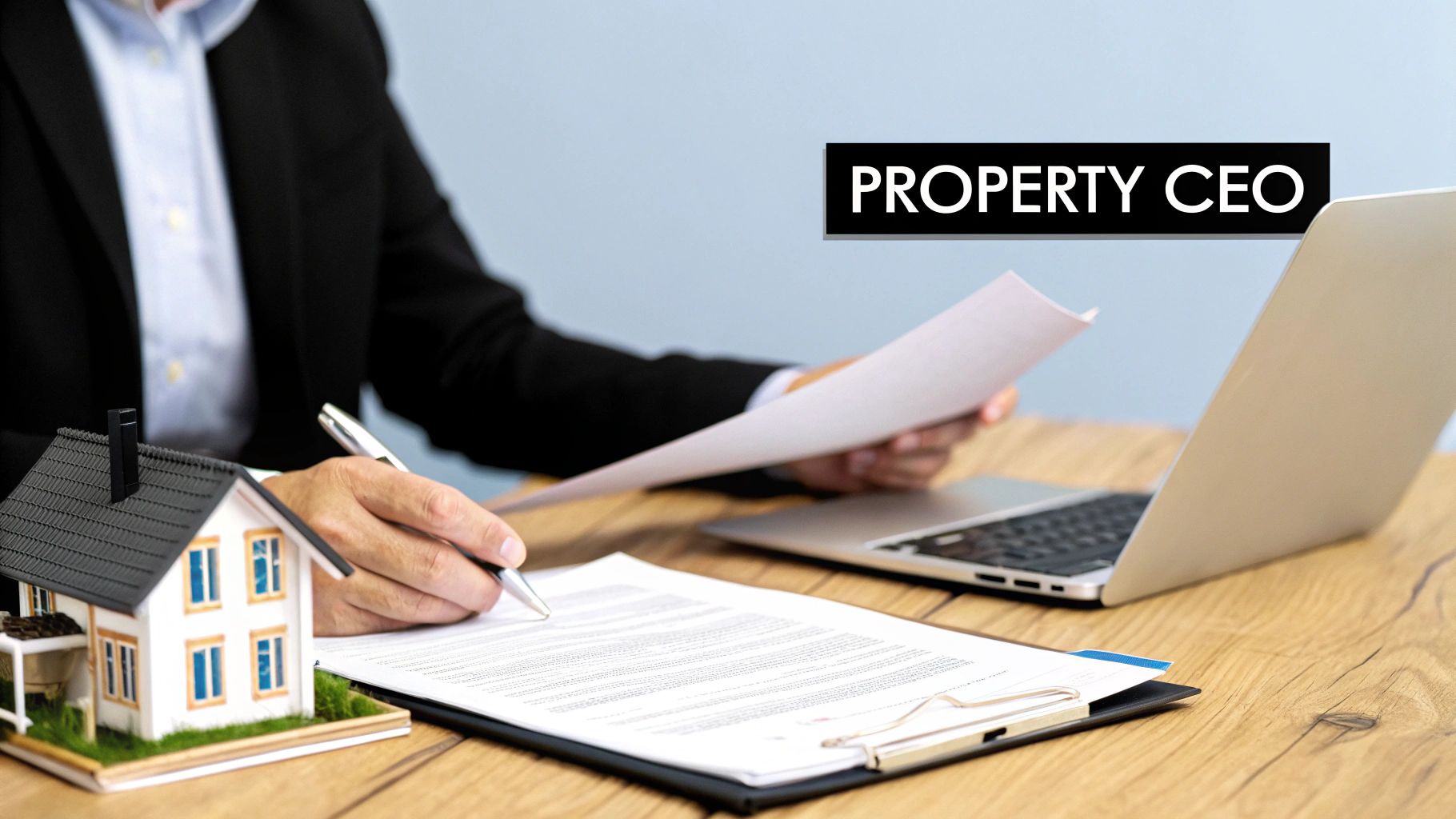 A property CEO signing documents at a desk with a laptop and a miniature house model.