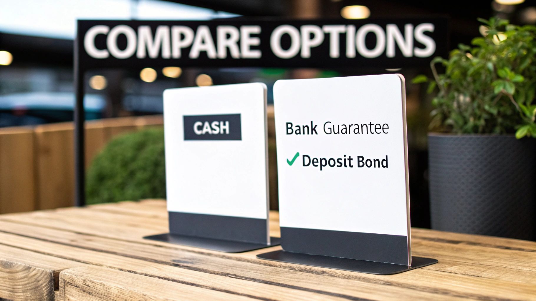 Two signs on a wooden table comparing financial options: Cash, Bank Guarantee, and Deposit Bond.