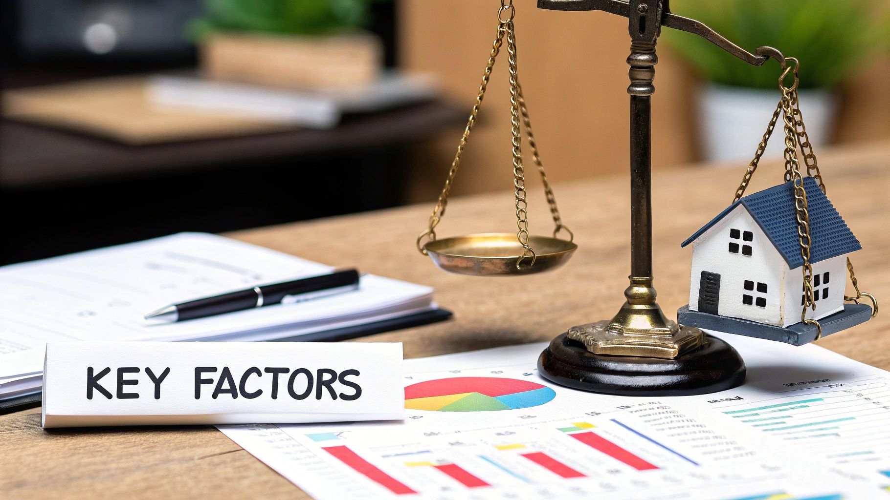 A justice scale balances a miniature house, symbolizing real estate decisions, next to 'KEY FACTORS' text and financial charts.