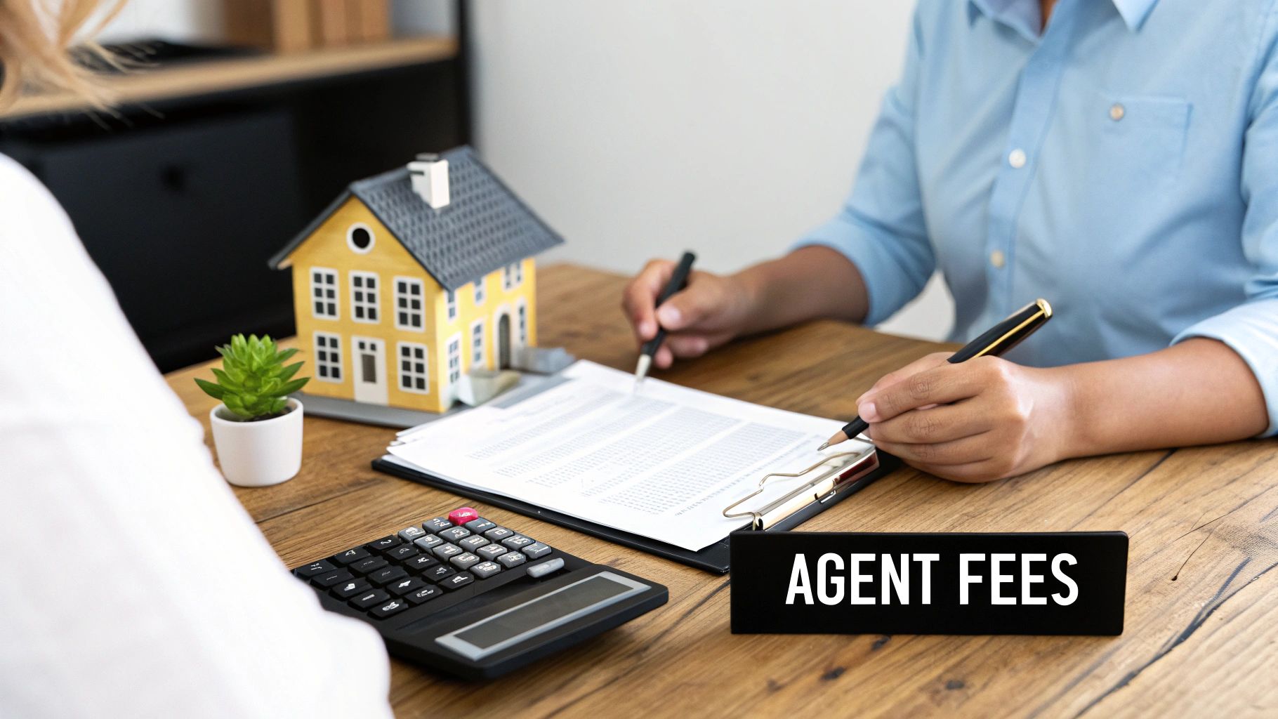 Real estate agent and client discussing 'Agent Fees' with a miniature house model and documents.