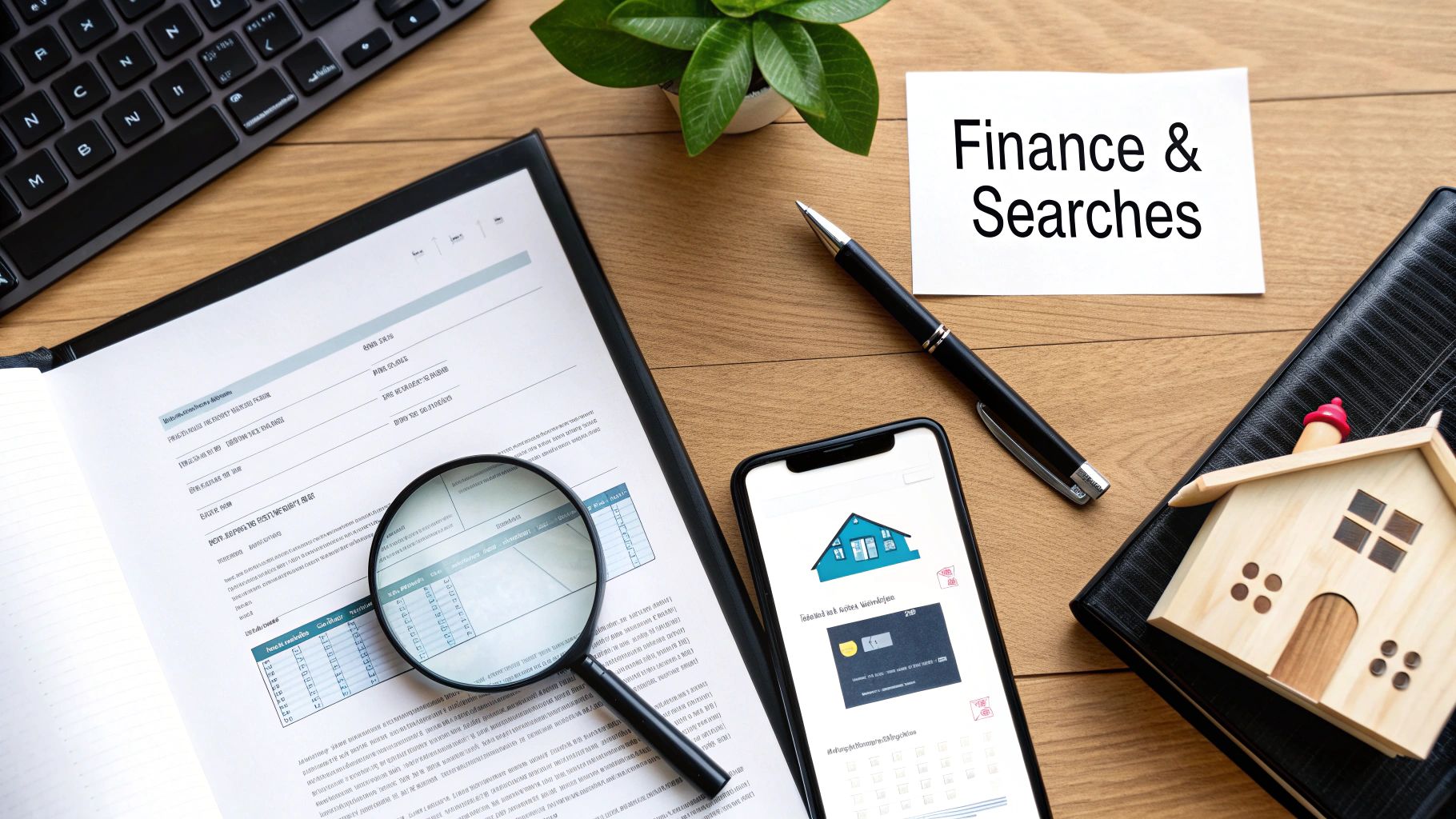 Flat lay of a desk with finance documents, magnifying glass, house model, and 'Finance & Searches' note.