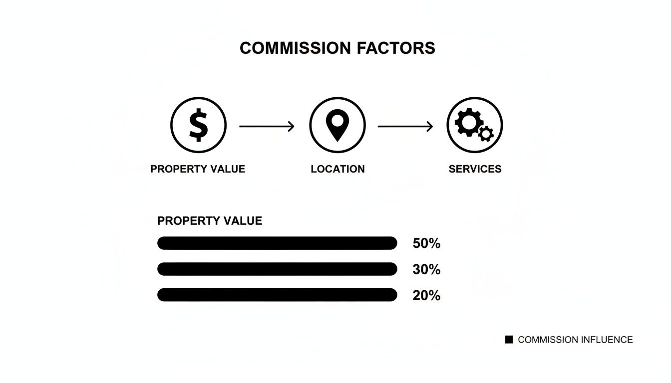 A diagram titled 'Commission Factors' showing property value, location, and services influencing commission, with property value breakdowns.