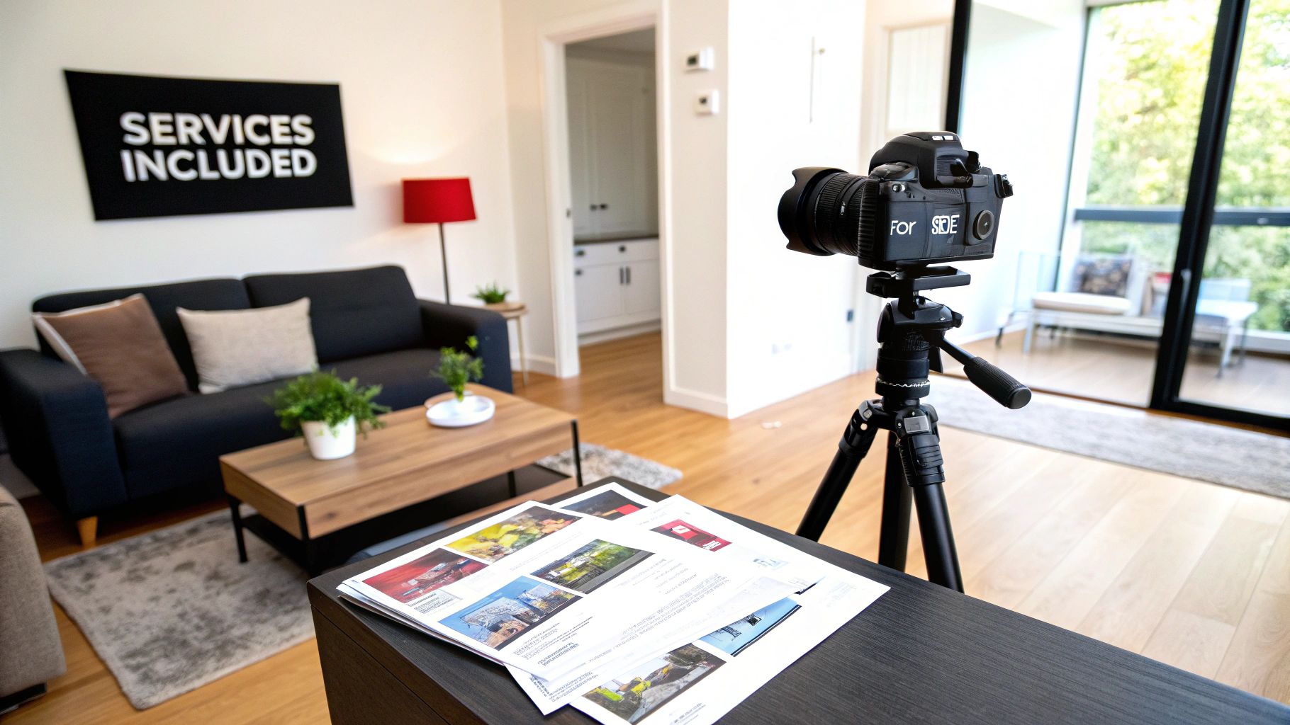 A professional camera on a tripod in a staged living room with a sofa, plants, and 'SERVICES INCLUDED' sign.