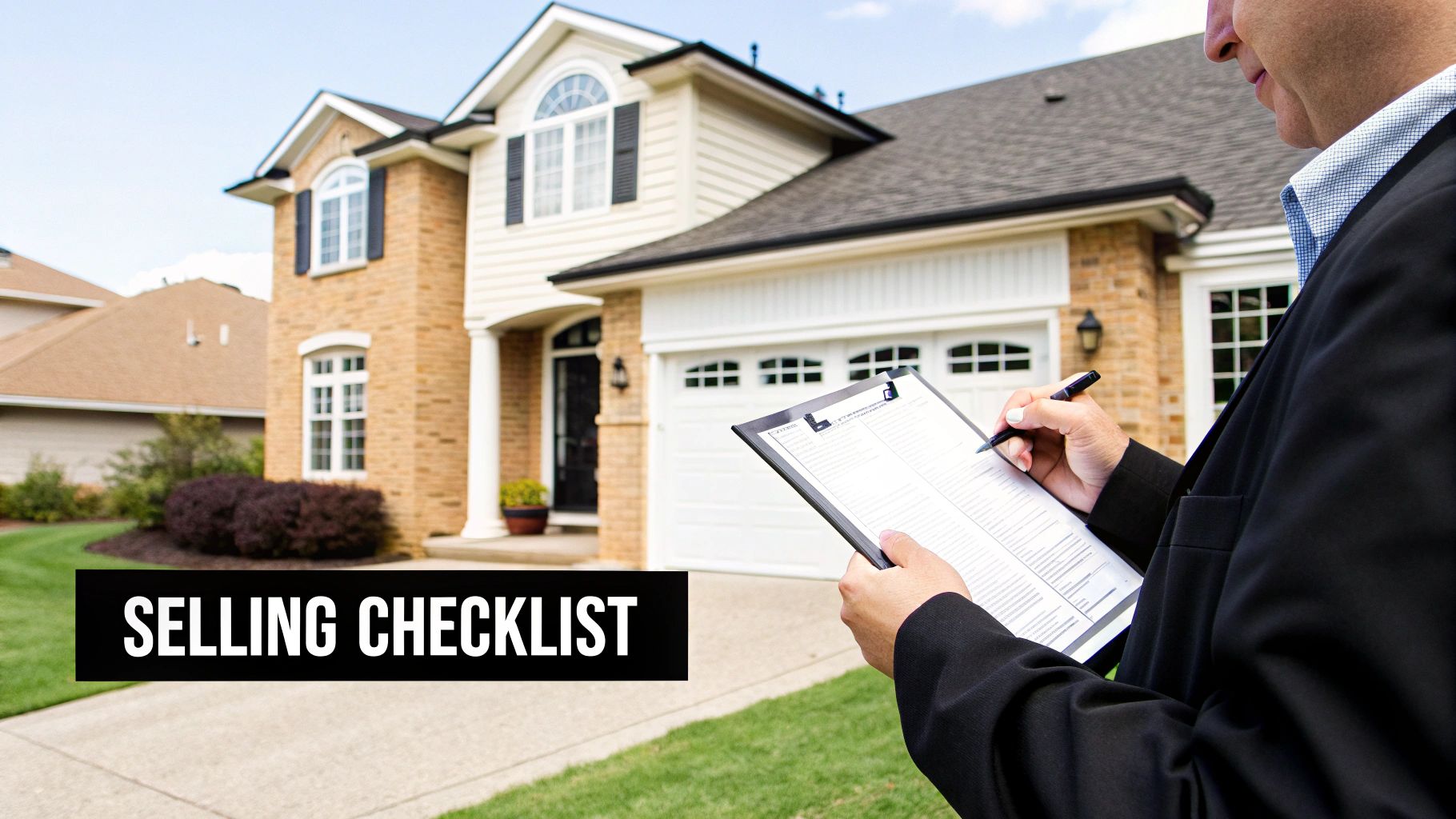 Person reviews a selling checklist for a suburban house, ideal for real estate sales.