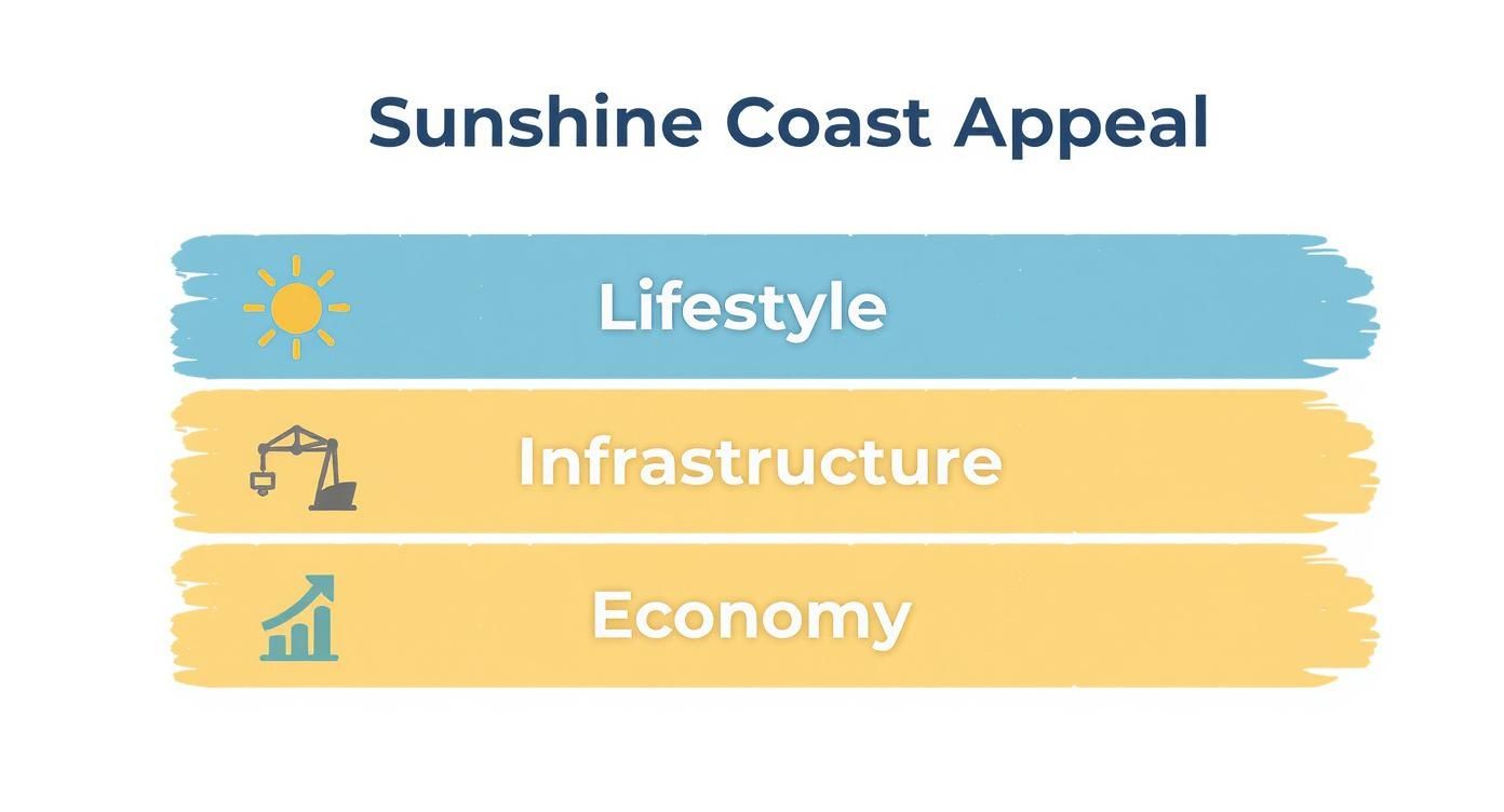 Infographic detailing Sunshine Coast's three pillars of appeal: Lifestyle, Infrastructure, Economy.