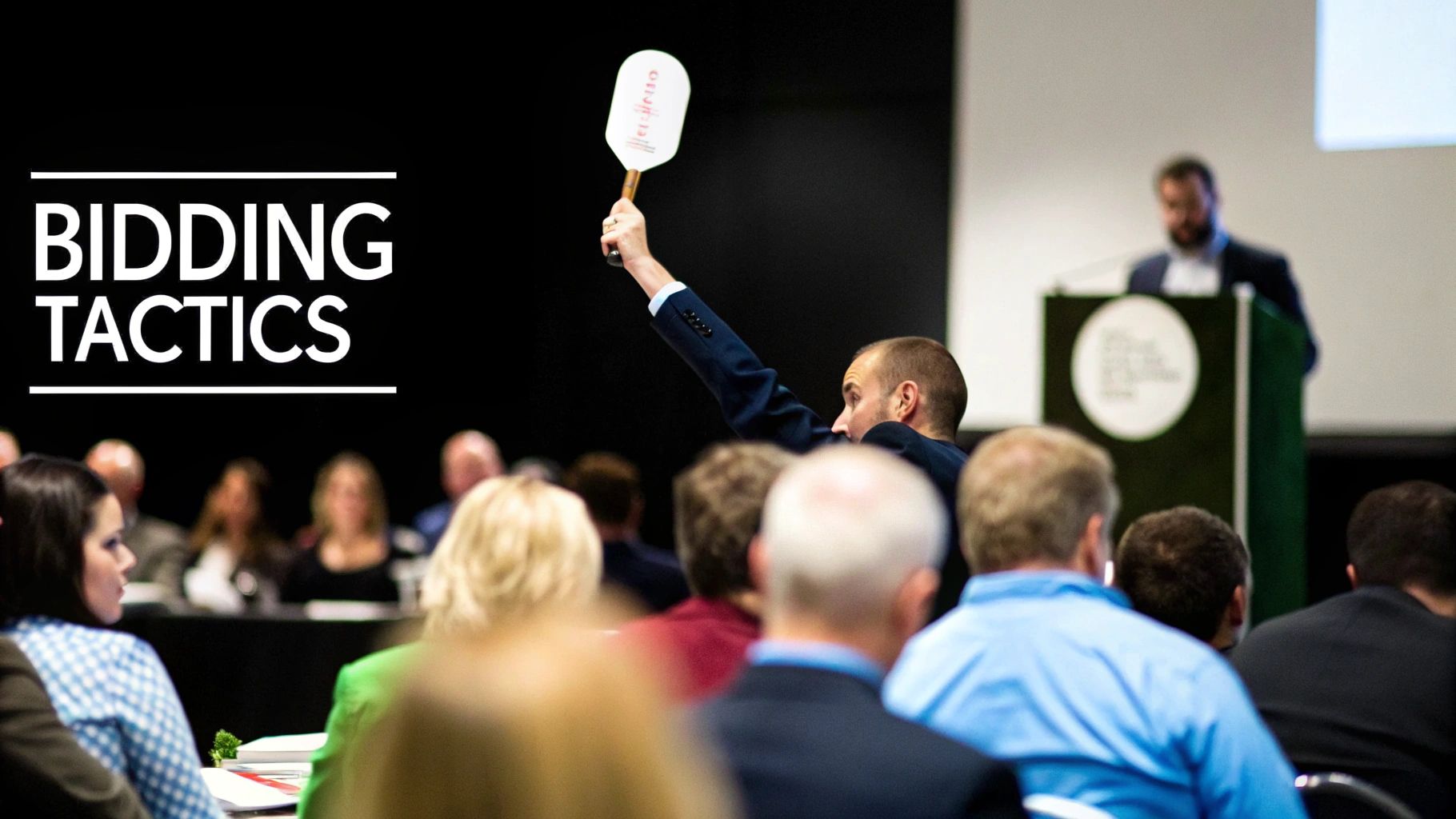 Auctioneer taking bids from a crowd.