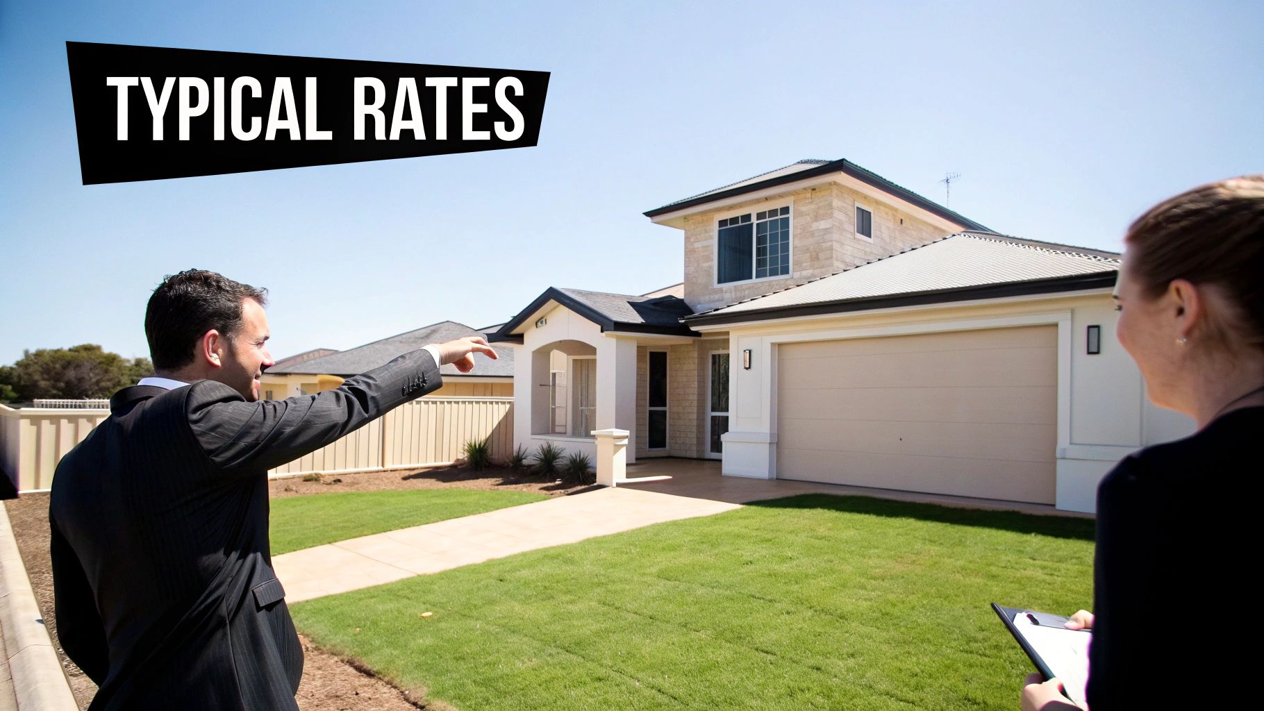 A real estate agent points at a modern house while a client with a clipboard looks on. Text: Typical Rates.