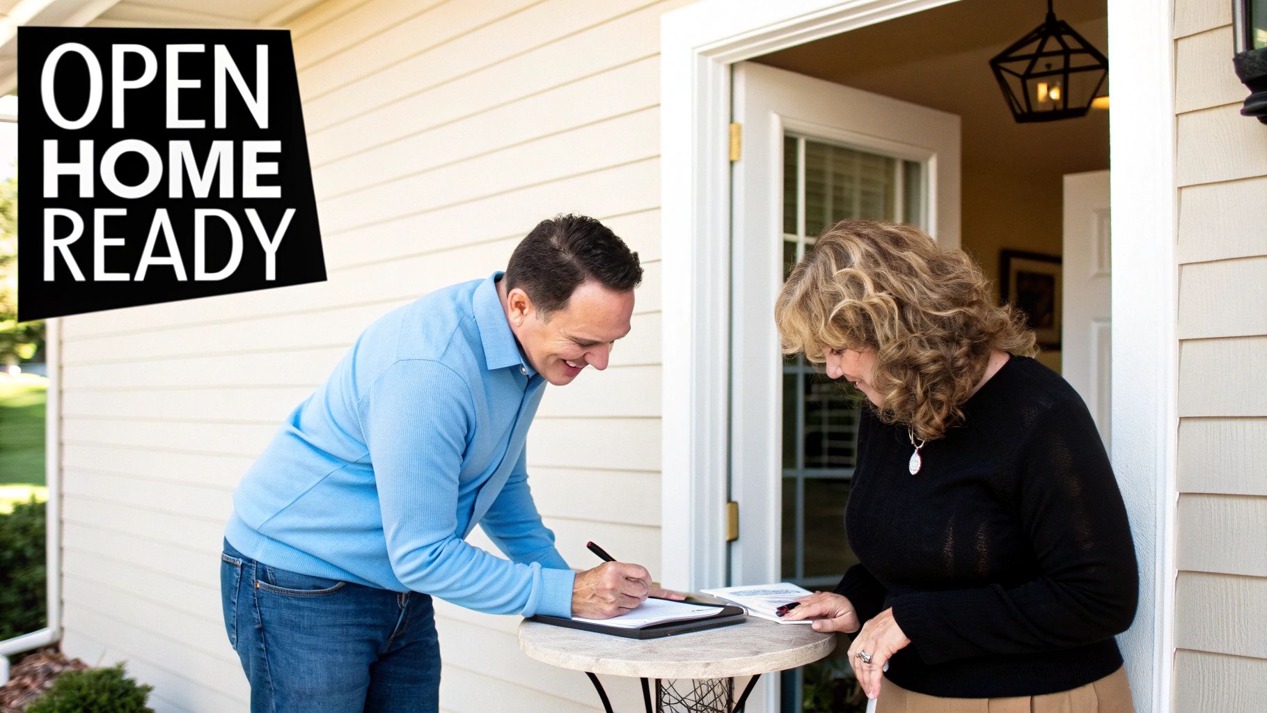 A friendly homeowner shaking hands with a potential buyer at the front door of their Mandurah home.