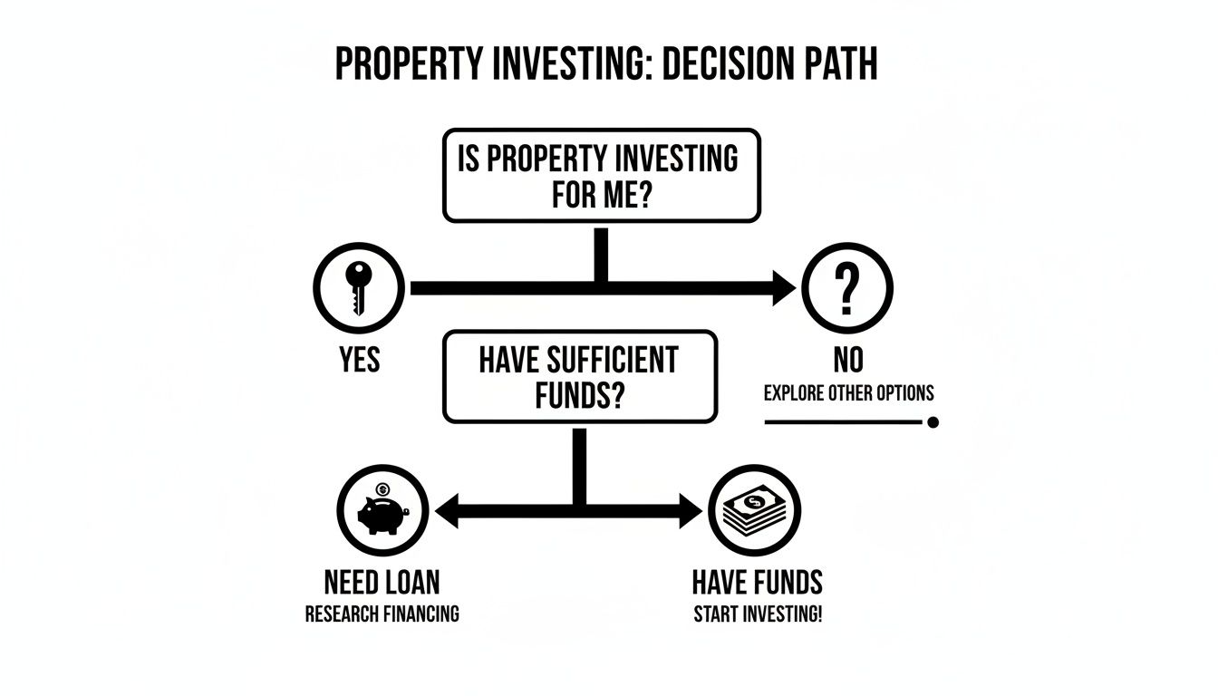 A decision path flowchart for property investing, covering initial interest, fund assessment, and financing options.