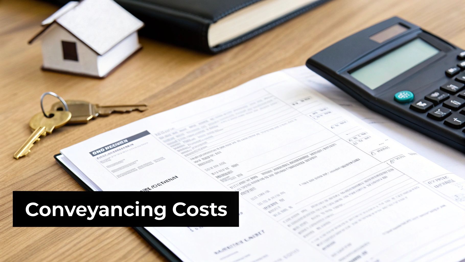 A person using a calculator with documents and a house key on the desk