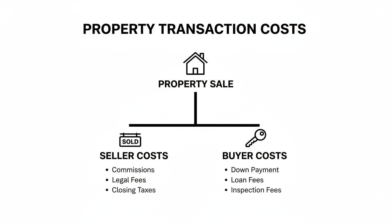 A flowchart illustrating property transaction costs for both sellers and buyers, including commissions, legal fees, down payments, and loan fees.