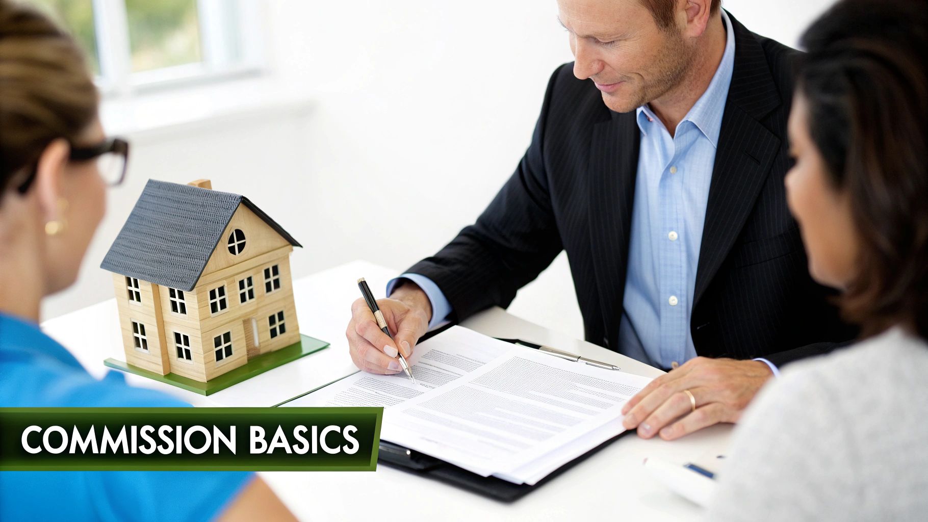 A real estate agent shaking hands with a client in front of a house.