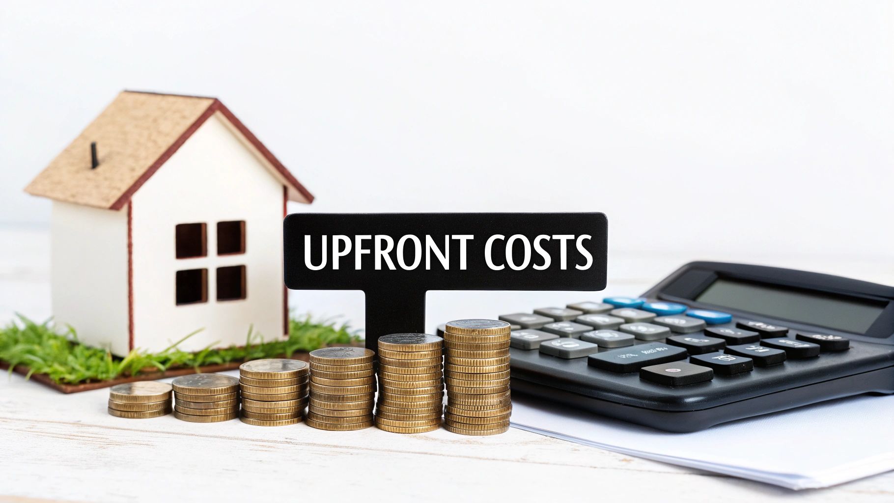 A person placing coins into a piggy bank shaped like a house