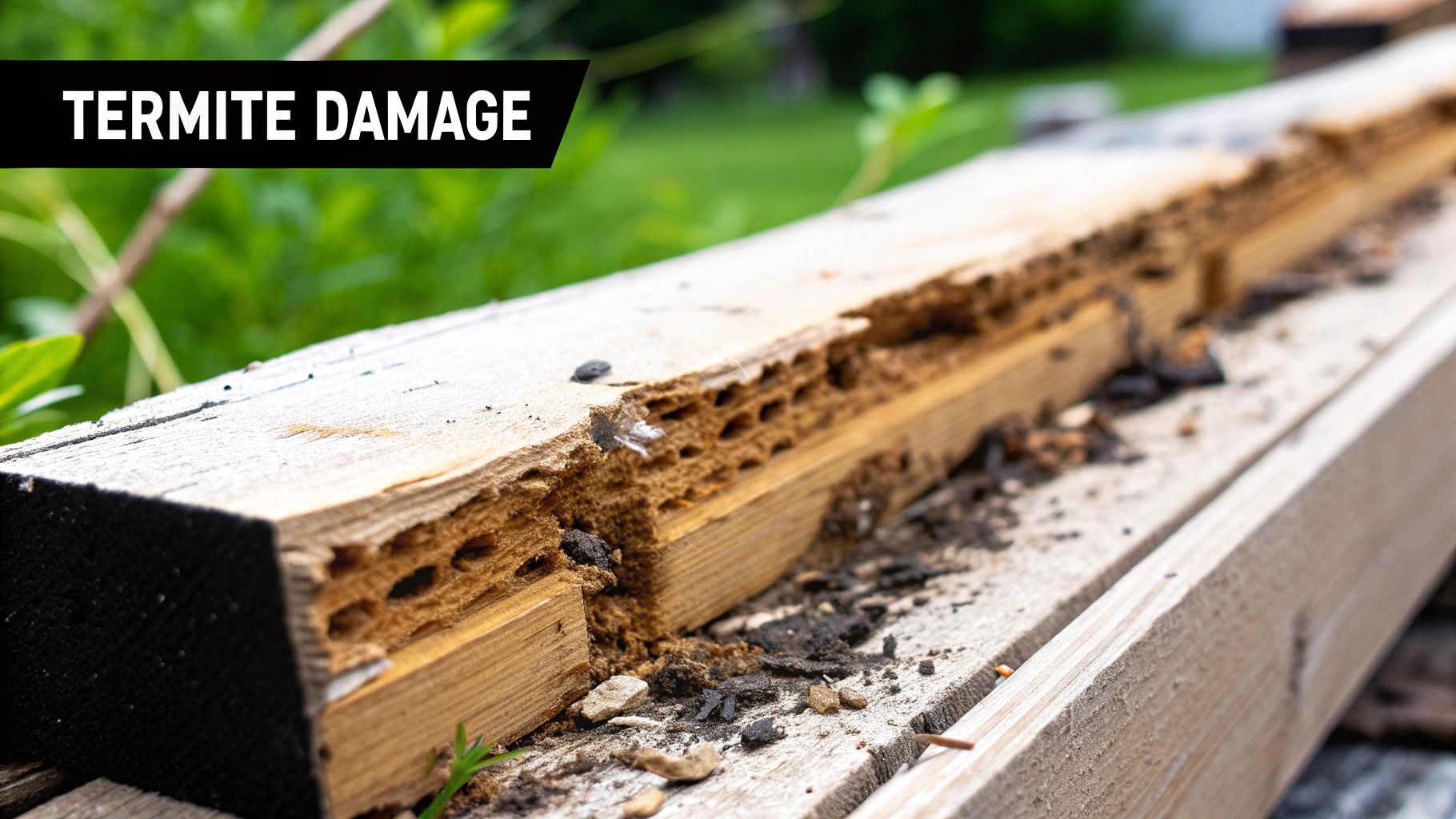 Close-up of termite damage on a wooden beam, highlighting the serious structural risks pests pose to a home.