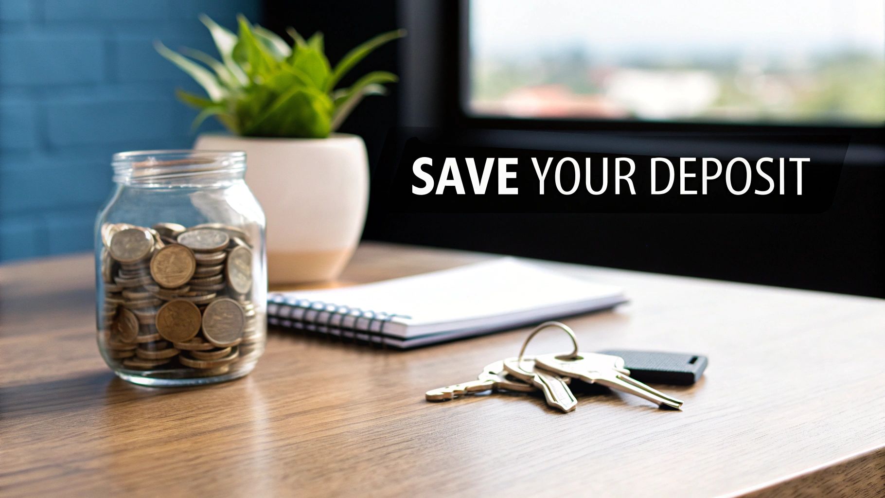 A jar of coins, house keys, and a notebook on a wooden desk, emphasizing saving for a home deposit.