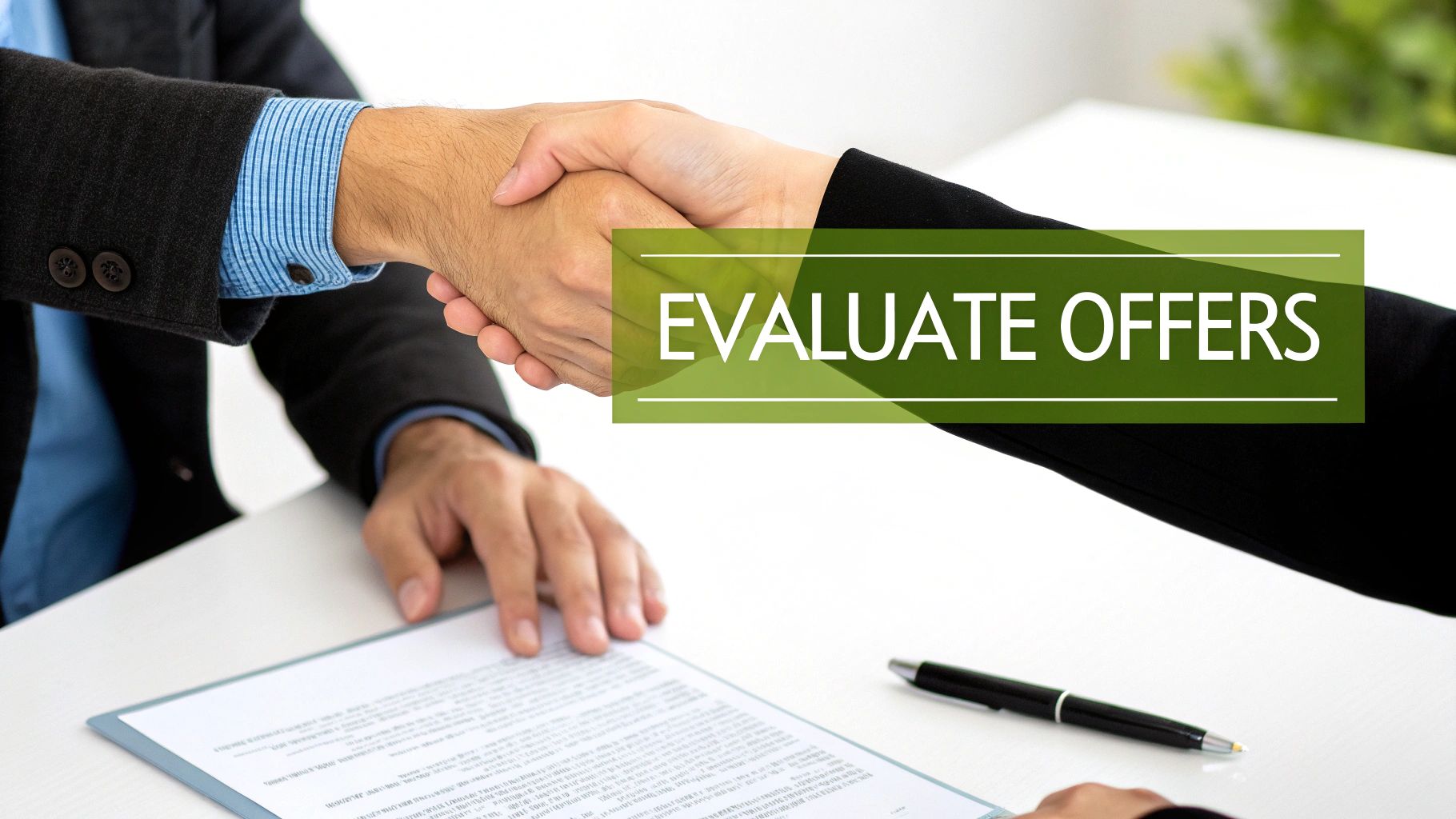 Two individuals shaking hands over a contract, with a banner overlaying the text 'EVALUATE OFFERS'.