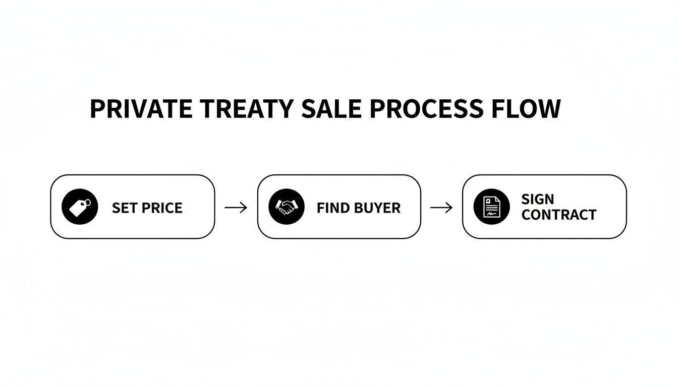 A three-step process flow diagram illustrating a private treaty sale, including setting price, finding a buyer, and signing the contract.