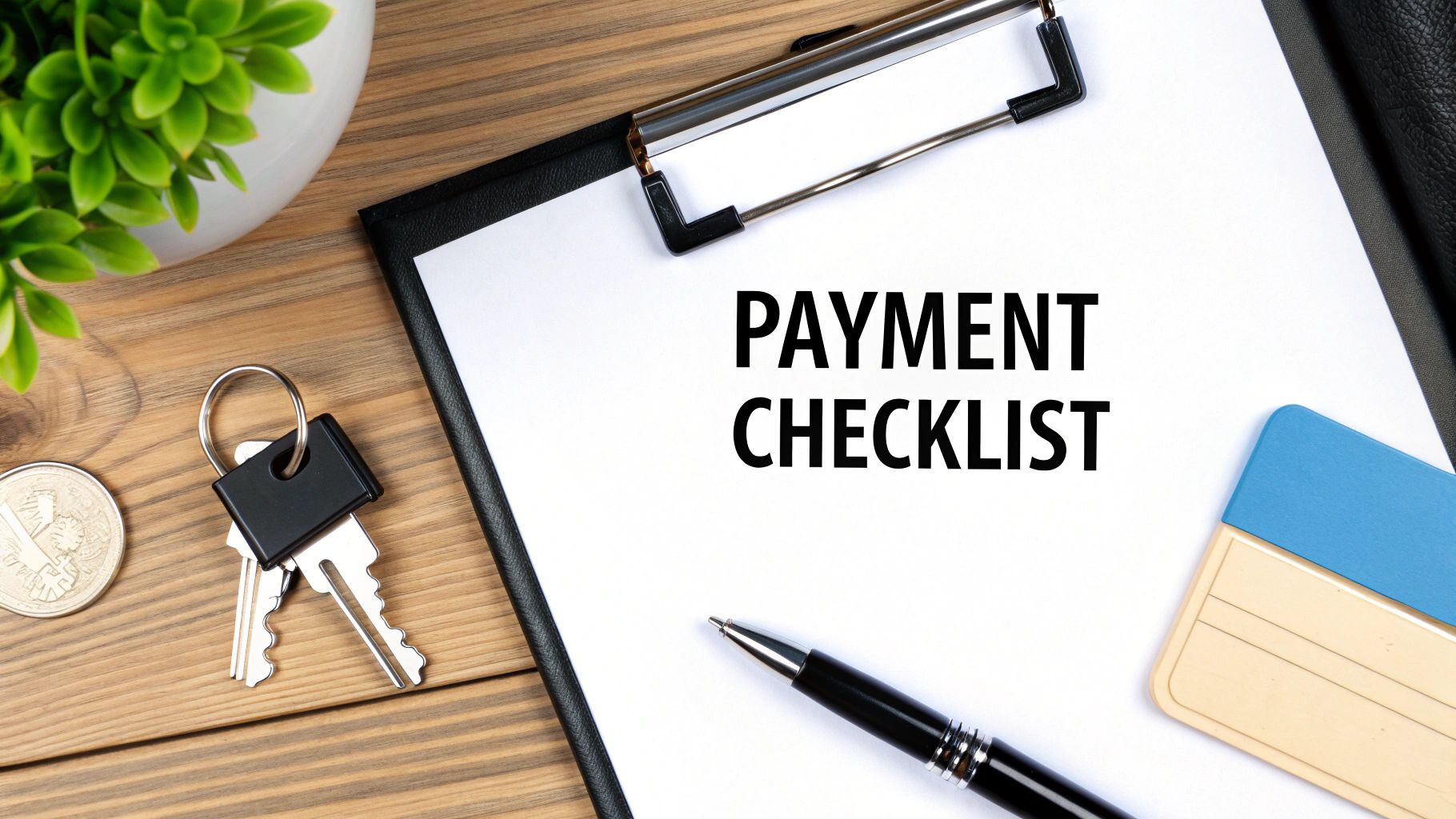 A clipboard on a wooden desk displaying 'PAYMENT CHECKLIST' text, accompanied by a pen, keys, and a plant.