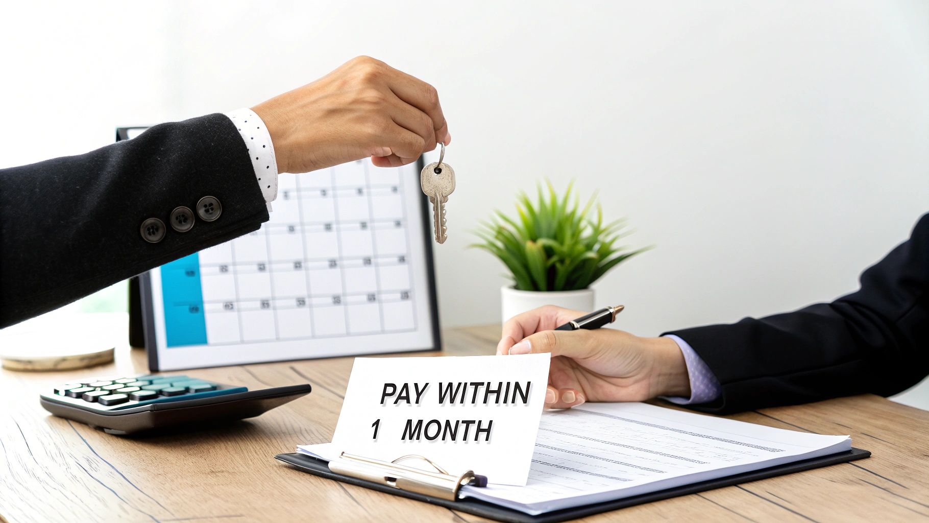 Hands exchanging keys and reviewing a document with a 'PAY WITHIN 1 MONTH' sign.