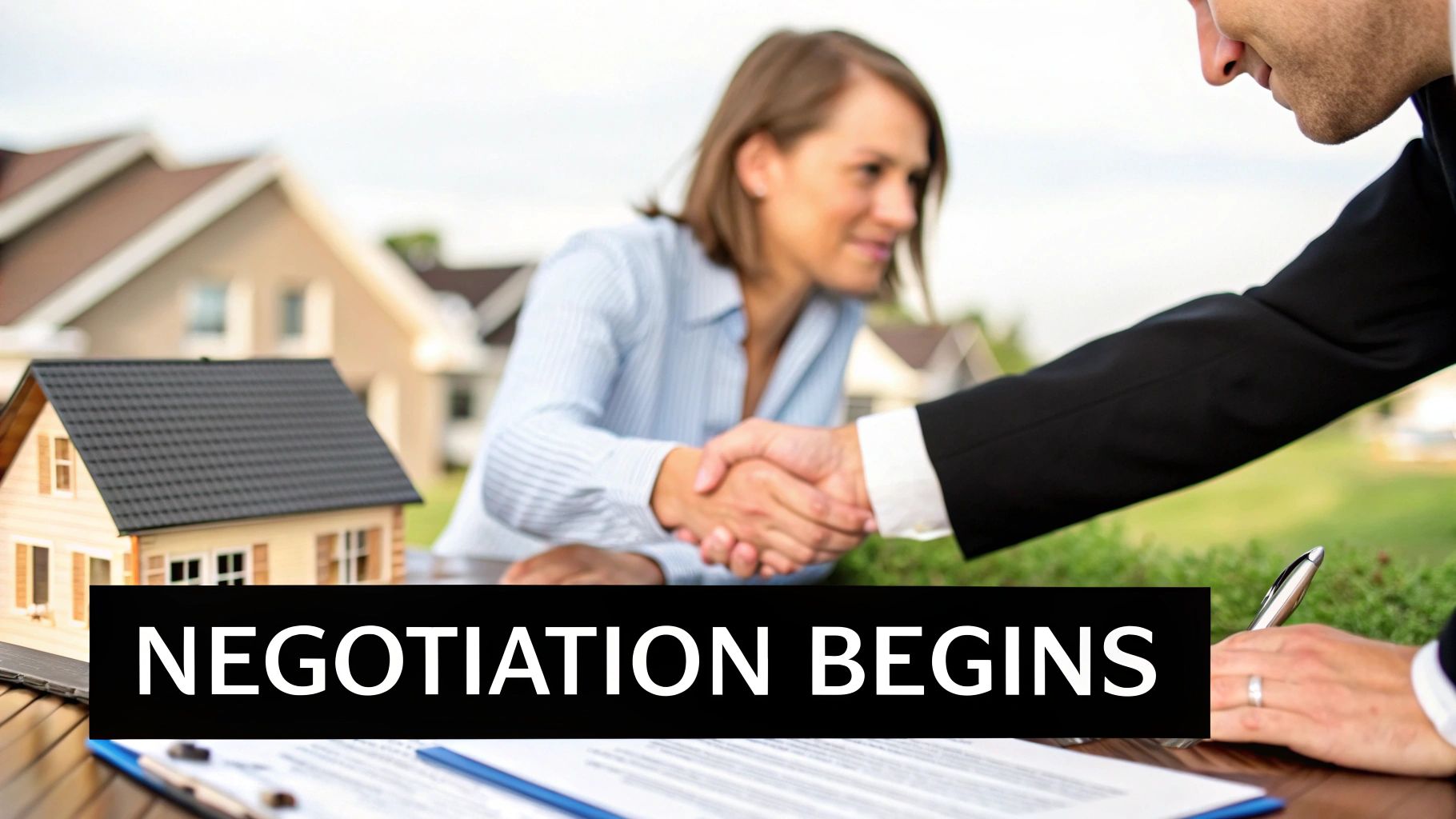 Two people shaking hands over a miniature house model and documents, signifying a real estate deal.