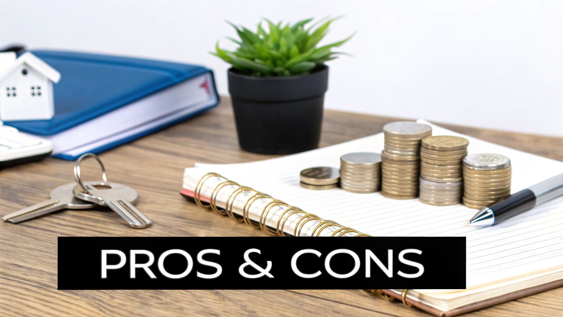 House keys, stacked coins, and notebook displaying pros and cons of property financing options