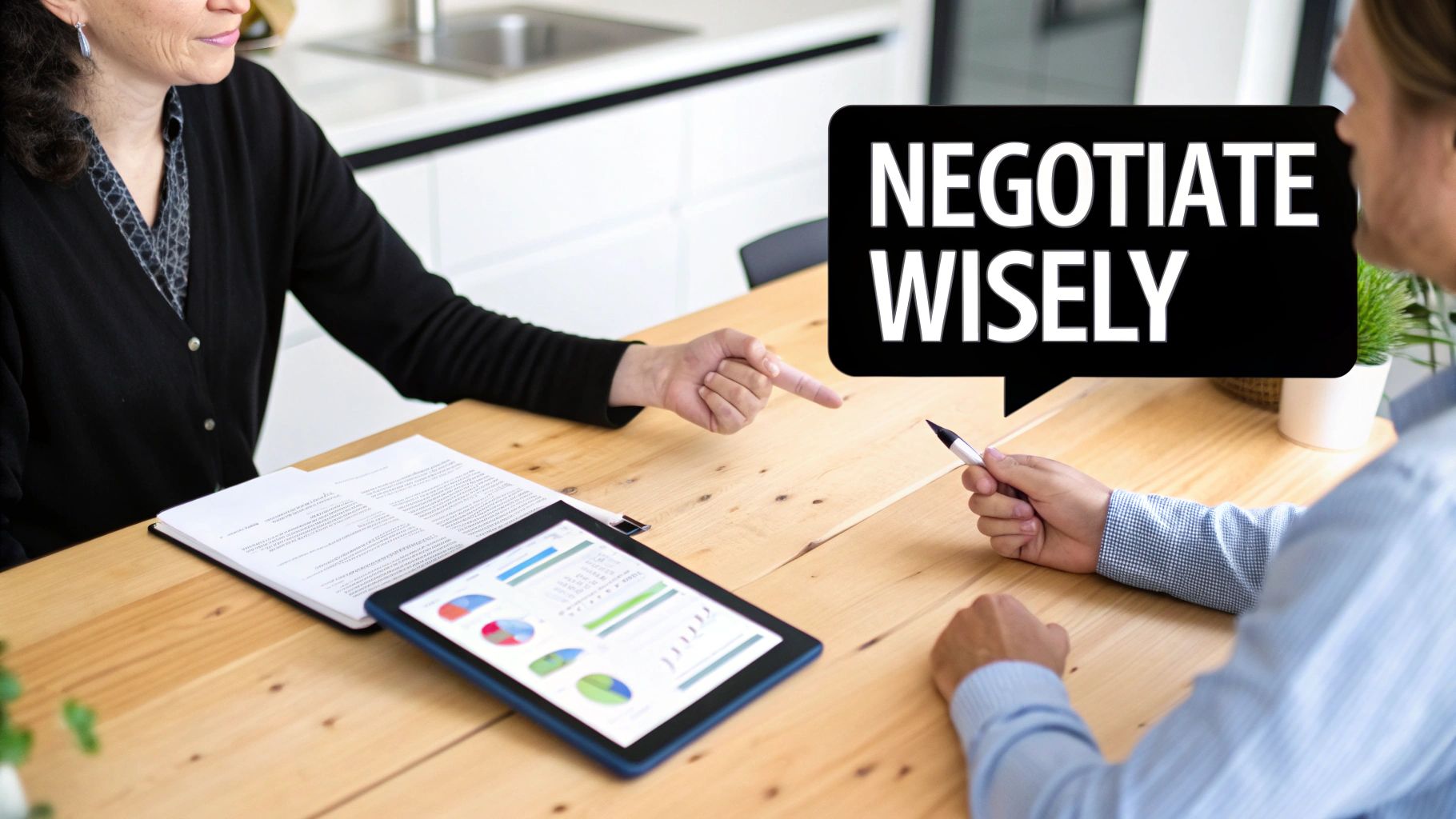 Two people negotiate at a table with documents and a tablet, with a speech bubble saying 'NEGOTIATE WISELY'.