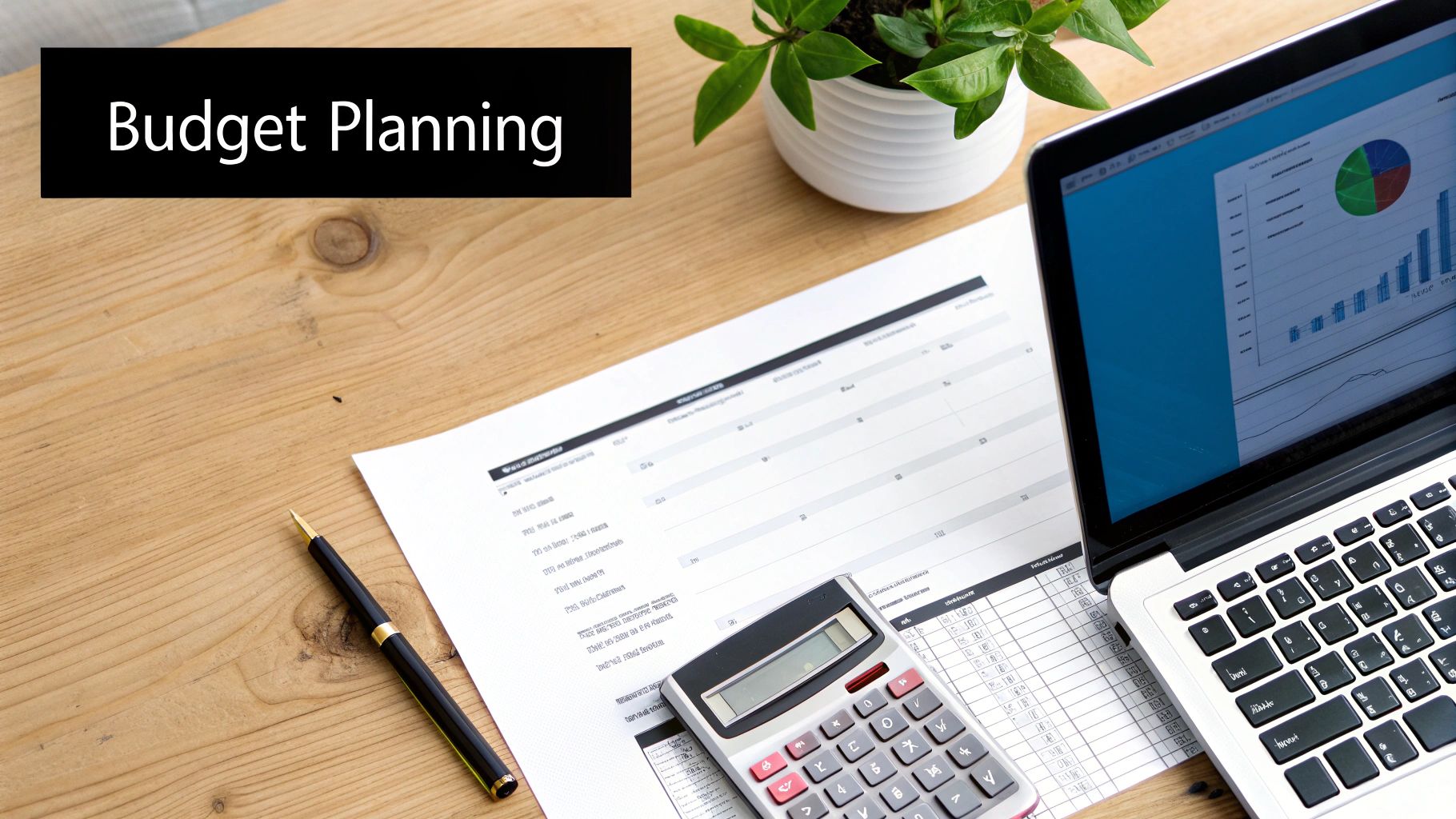 Overhead view of a desk with a laptop, calculator, pen, and budget planning documents.