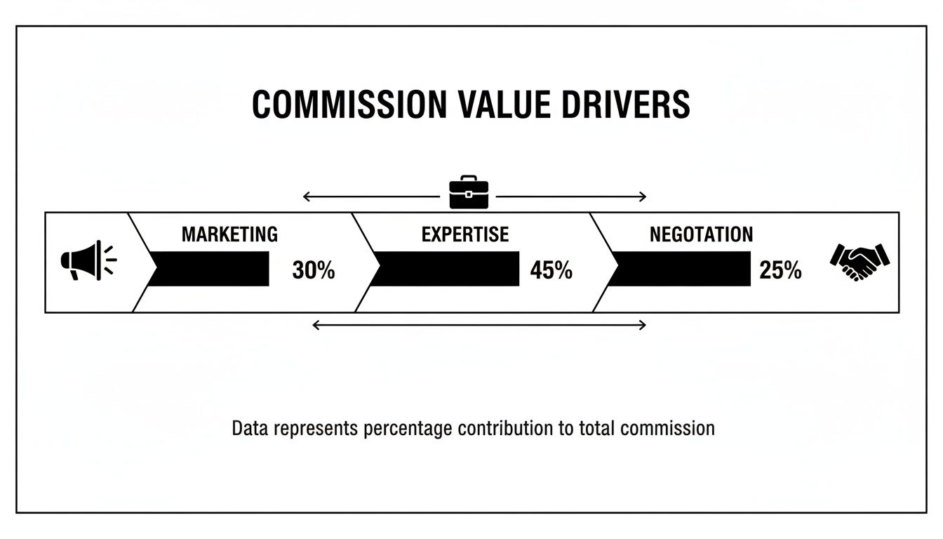 Infographic illustrating commission value drivers: Marketing, Expertise, and Negotiation, with their percentage contributions.