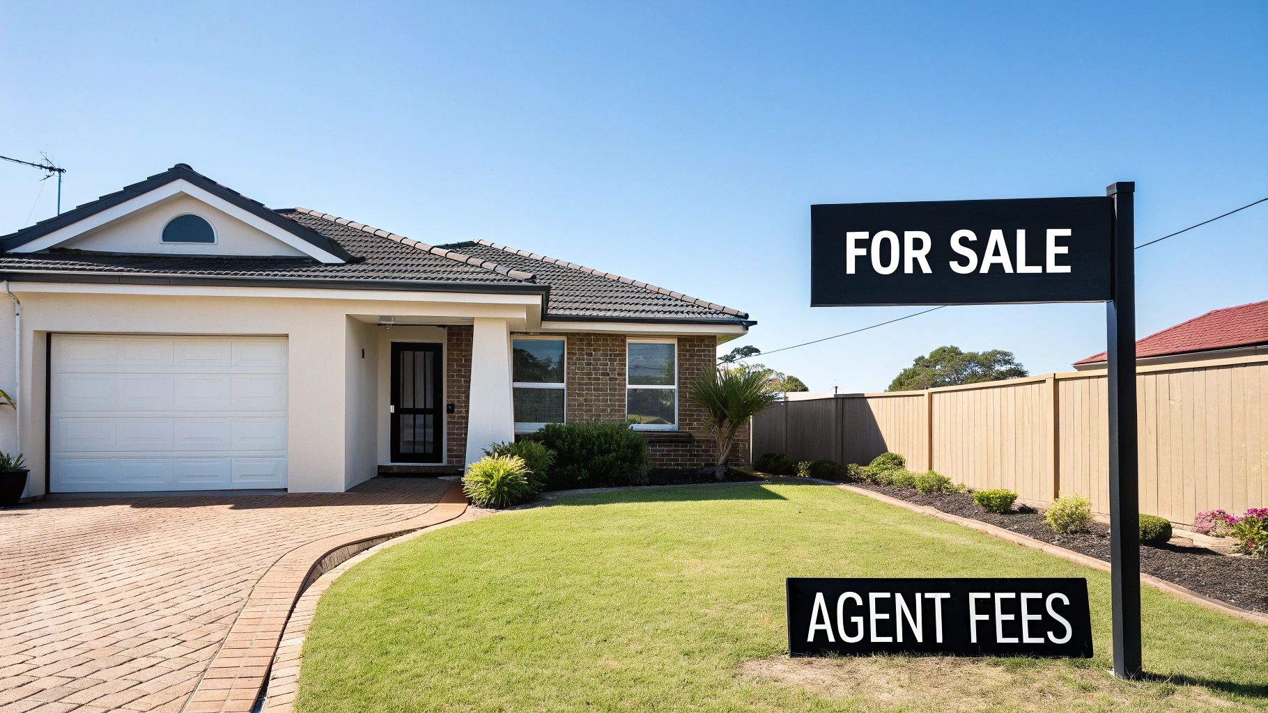A suburban house with a well-maintained lawn, a paved driveway, and a white garage door, featuring 'FOR SALE' and 'AGENT FEES' signs.