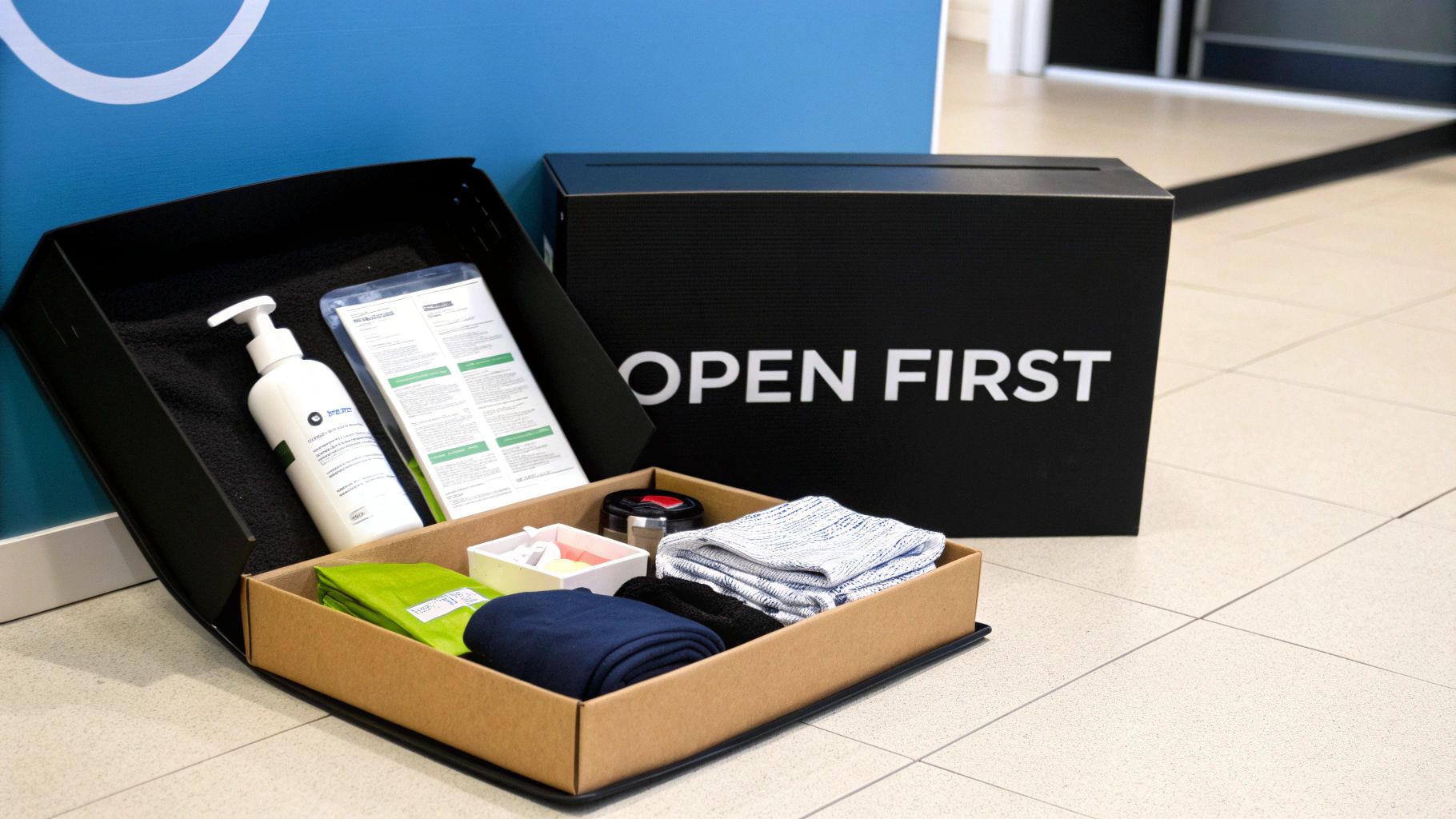 An open black box labeled 'OPEN FIRST' reveals a kit with toiletries, towels, and clothes inside.