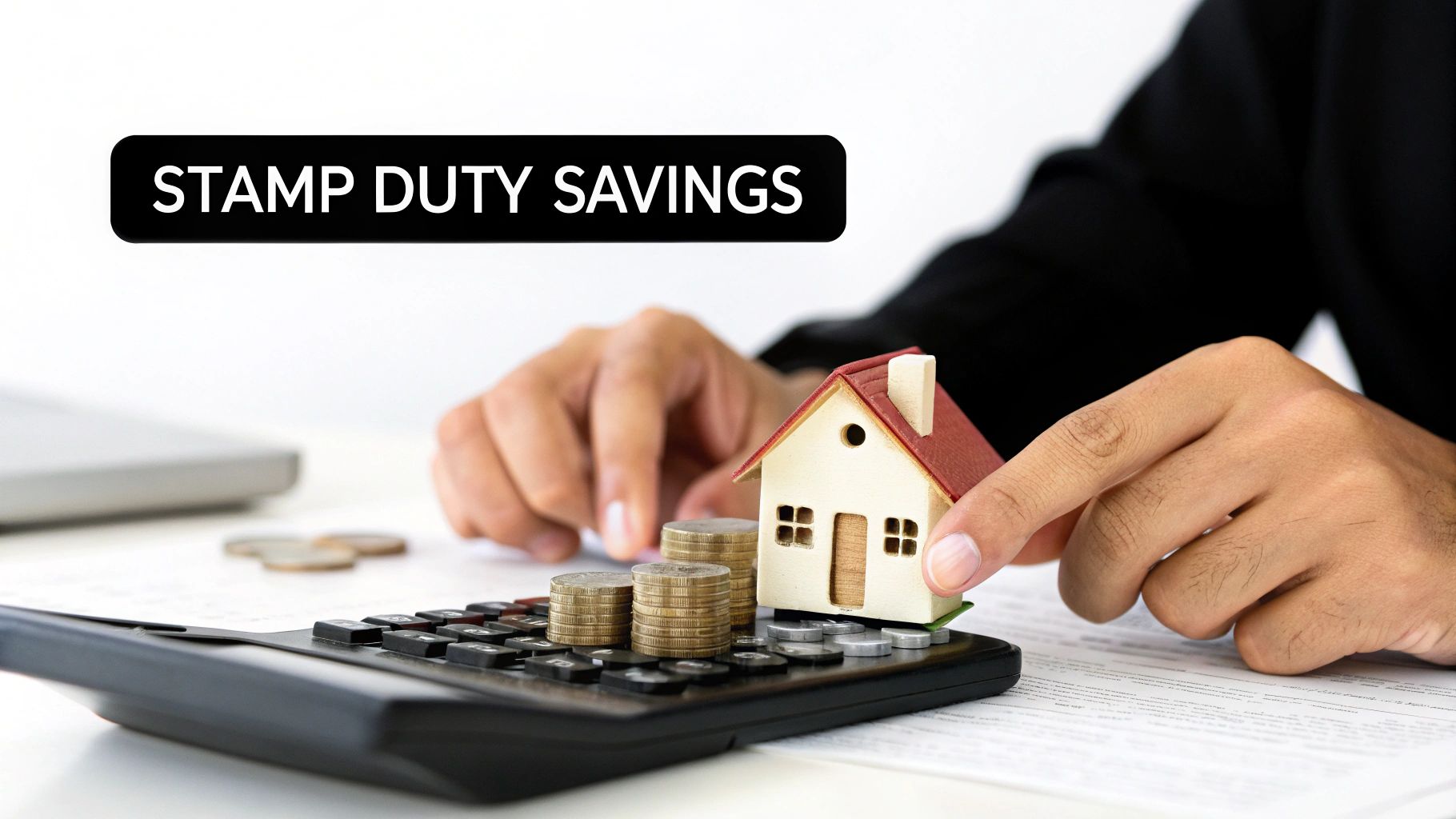 Hands calculating stamp duty savings for a miniature house with coins and a calculator.