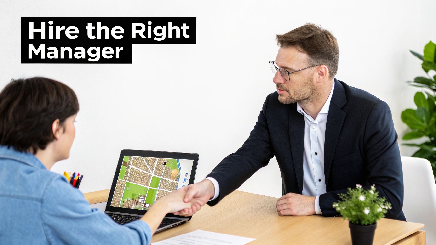 Two professionals shaking hands across a desk, with 'Hire the Right Manager' text on the wall.
