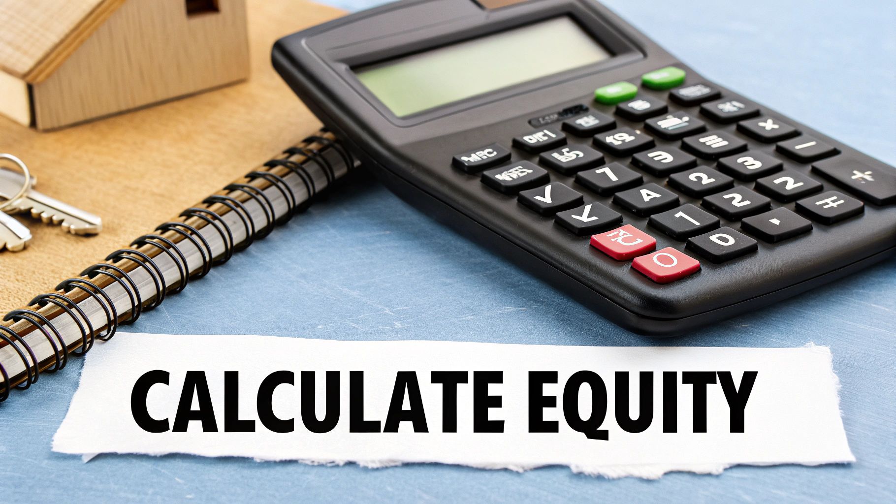 A person using a calculator with property documents nearby, symbolising the calculation of home equity.