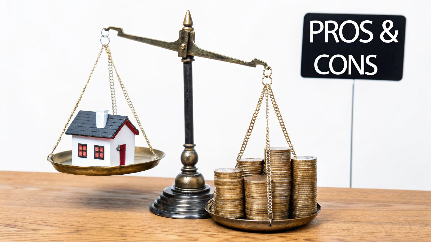 Scales balancing a house on one side and a piggy bank on the other