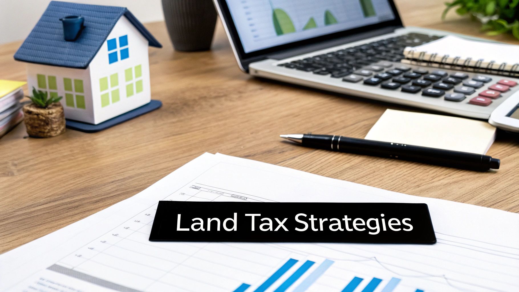 Desk setup with a 'Land Tax Strategies' sign, miniature house, laptop, calculator, and documents.