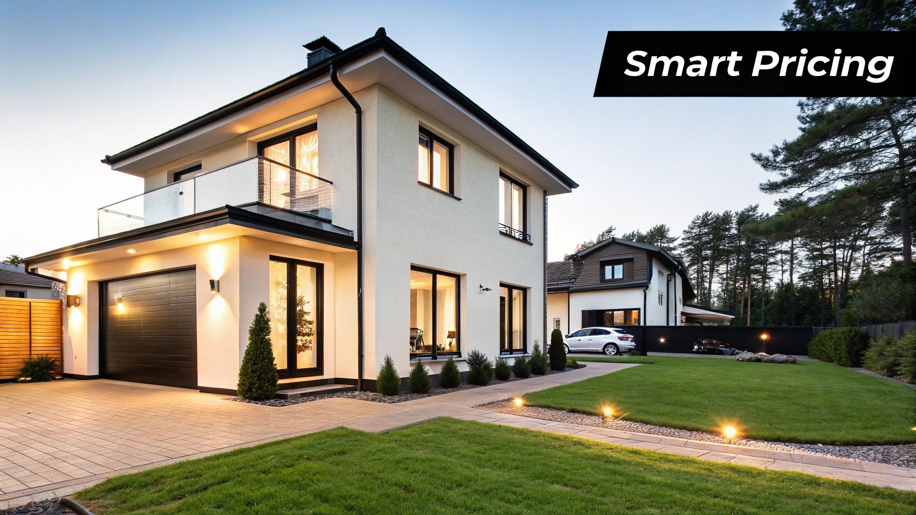 A modern house with a for sale sign on the lawn