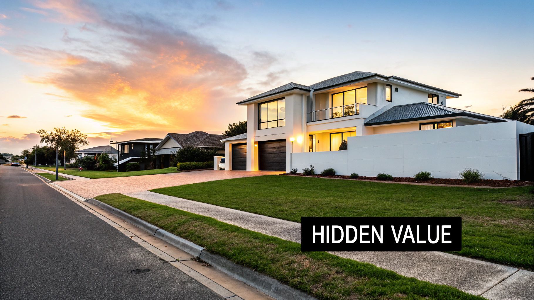 A beautiful modern house with bright windows and a well-kept lawn under a vibrant sunset.