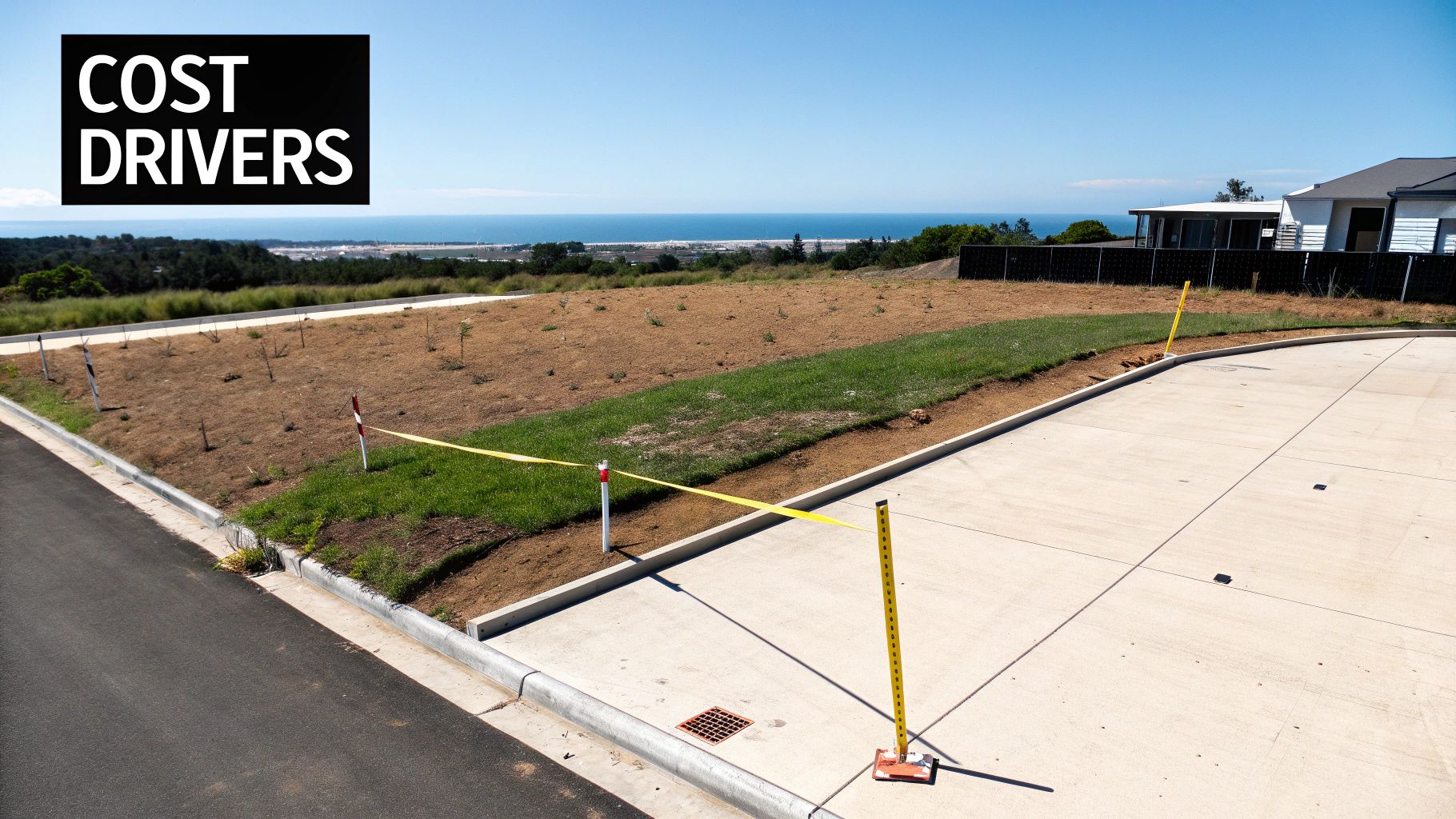 A new residential subdivision with paved roads, concrete driveways, undeveloped land, and ocean views in the background.