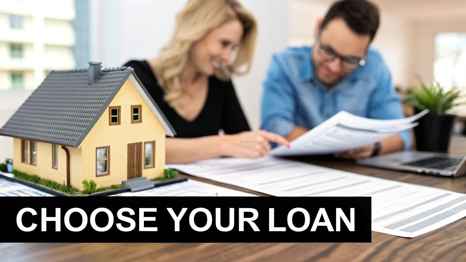 A couple discusses home loan documents on a table with a miniature house, highlighting loan choices.