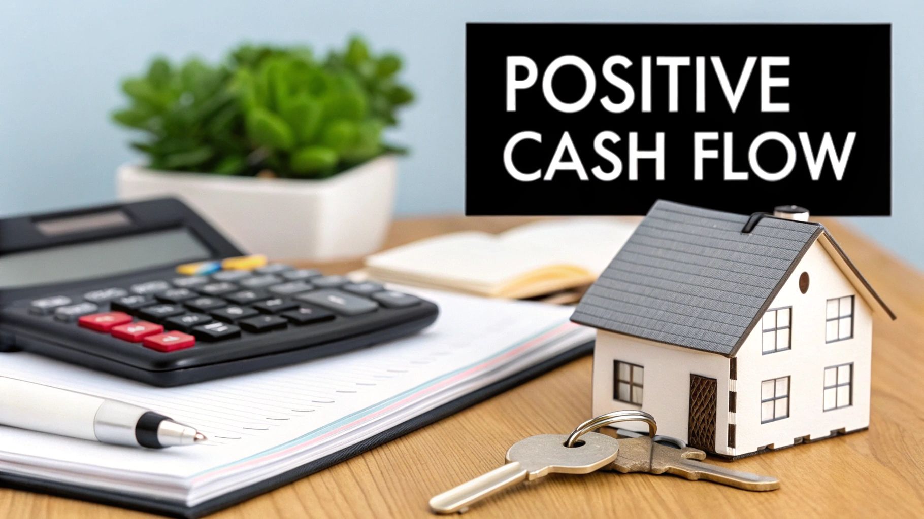 Desk scene with model house, keys, calculator, and 'POSITIVE CASH FLOW' sign for real estate finance.