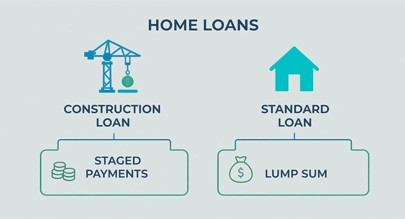 Infographic decision tree comparing a construction loan with staged payments to a standard home loan with a lump sum payment.