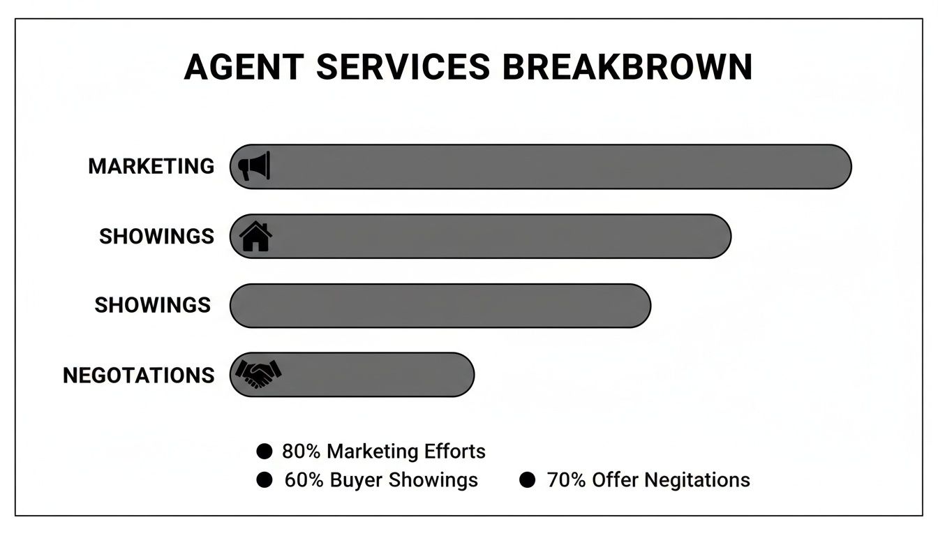Bar chart illustrating agent services breakdown, including marketing, showings, and negotiations with percentages.