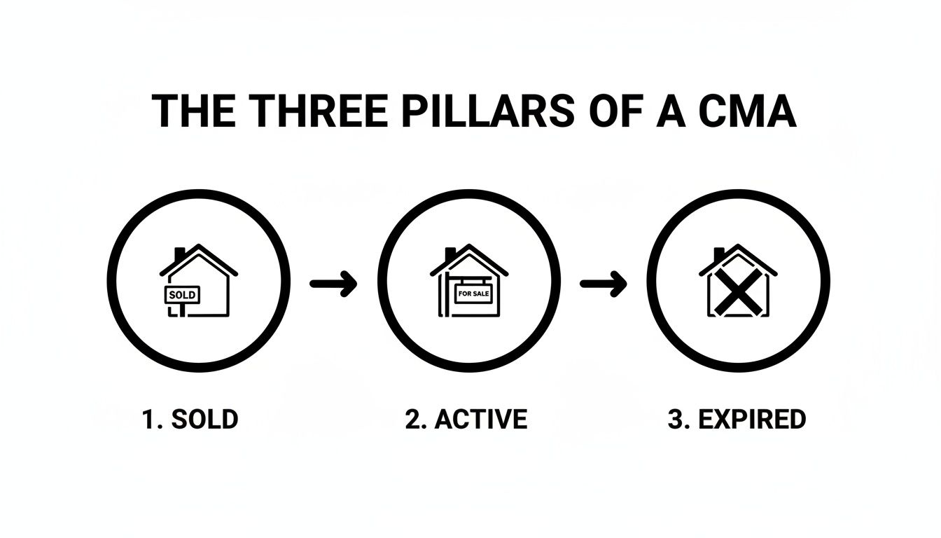 Diagram illustrating the three pillars of a Comparative Market Analysis: sold, active, and expired real estate listings.