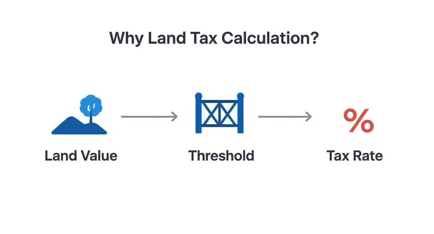 A diagram illustrates the land tax calculation flow: from land value through a threshold to the tax rate.