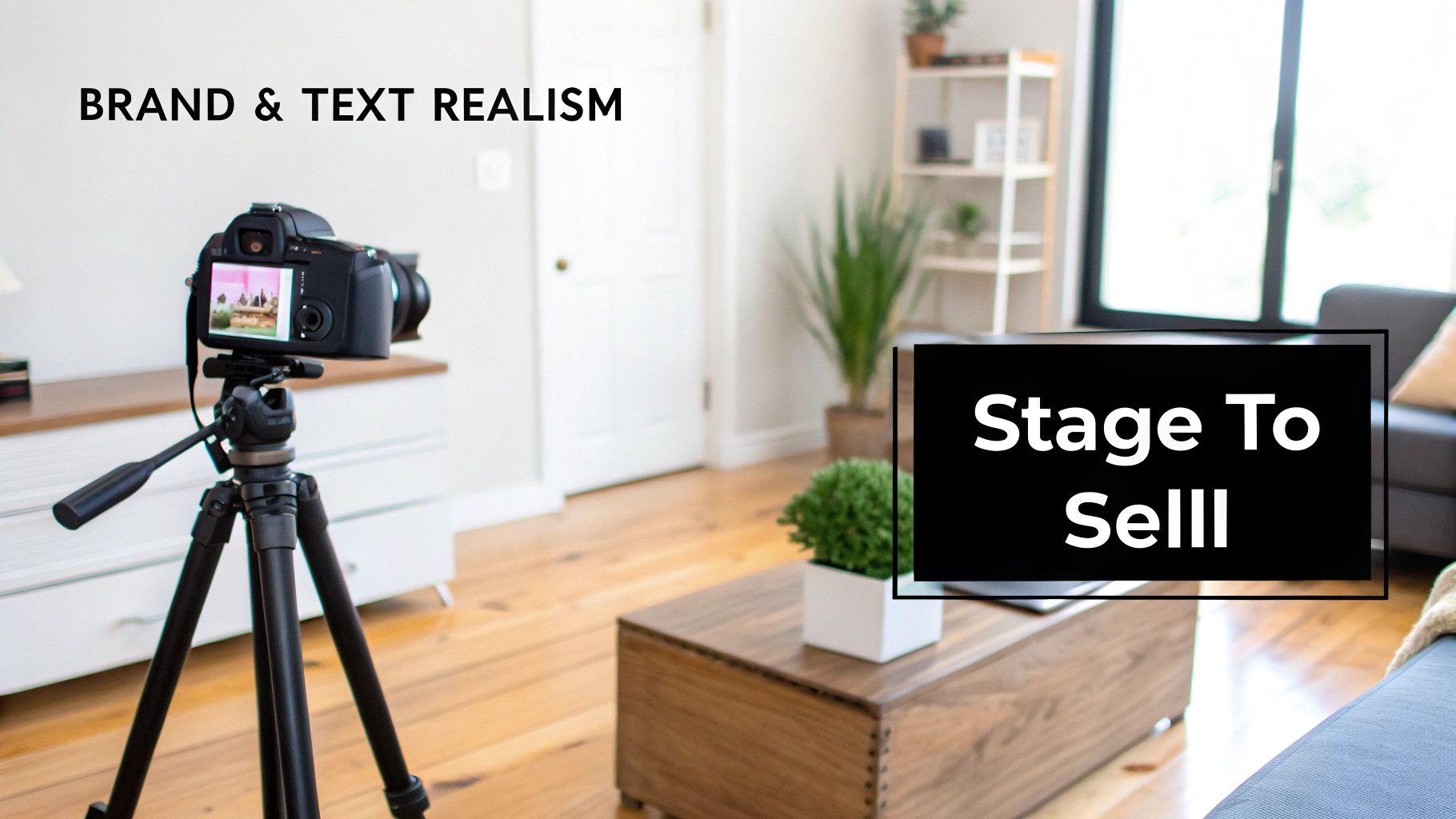 A digital camera on a tripod in a modern, staged living room, ready for real estate photography.