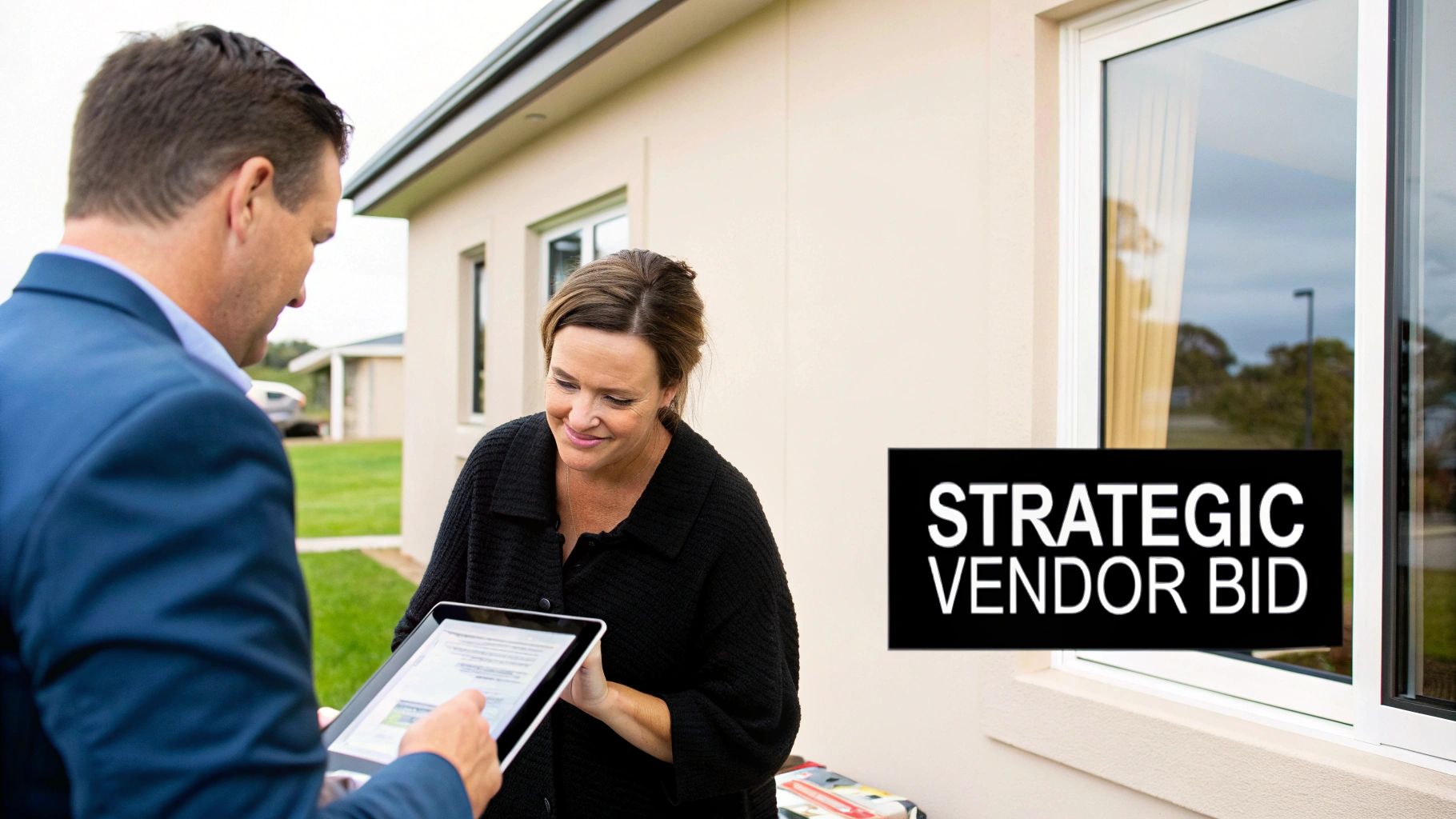 A real estate agent shows a woman property details on a tablet, discussing a strategic vendor bid.