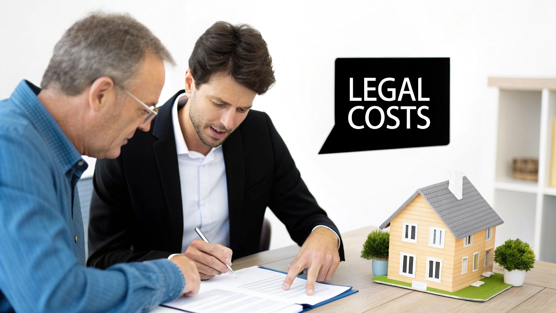 Real estate agent and client reviewing legal costs documentation for house purchase with property model