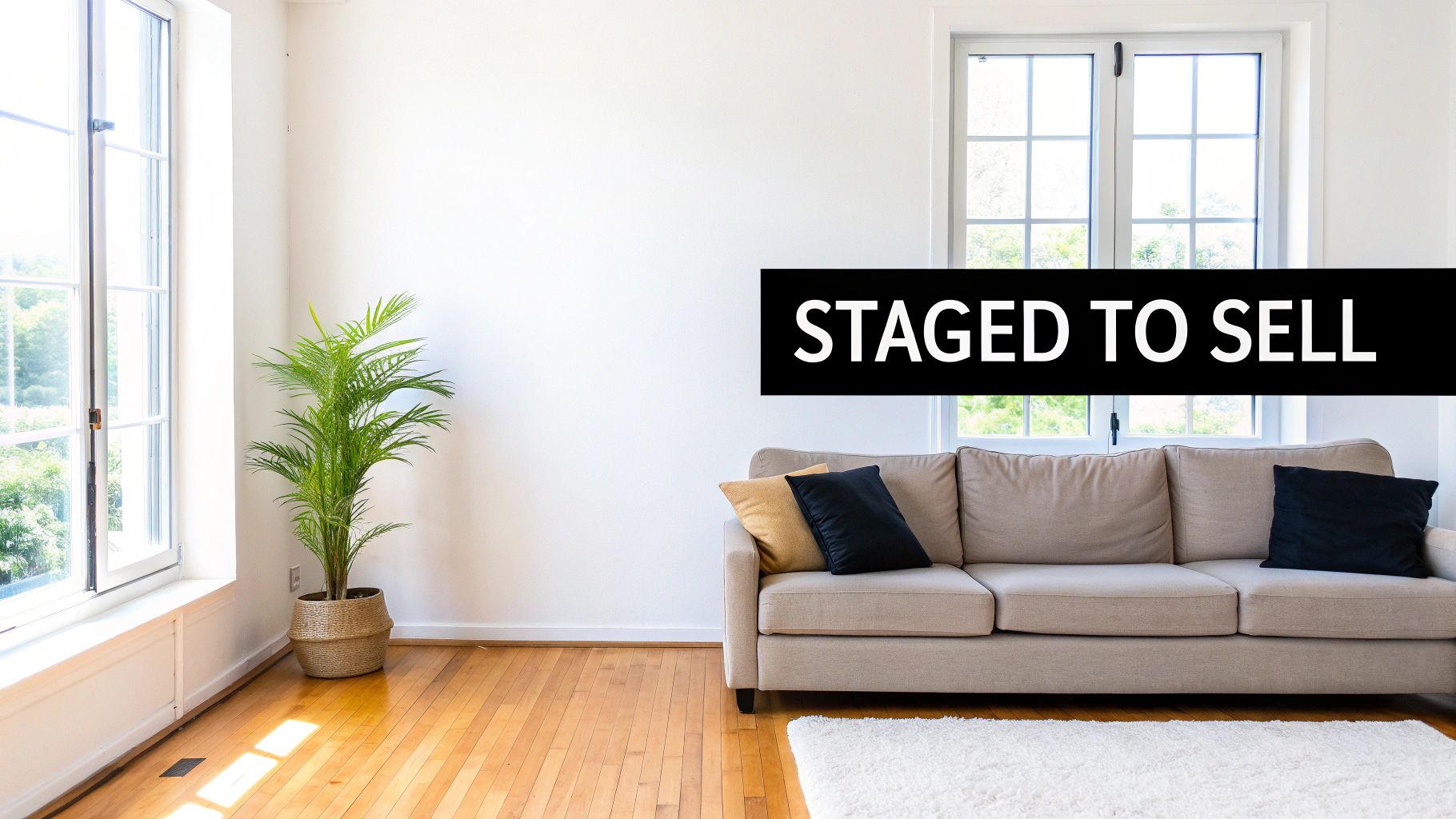 A bright and clean staged living room with a beige couch, plant, and large windows.