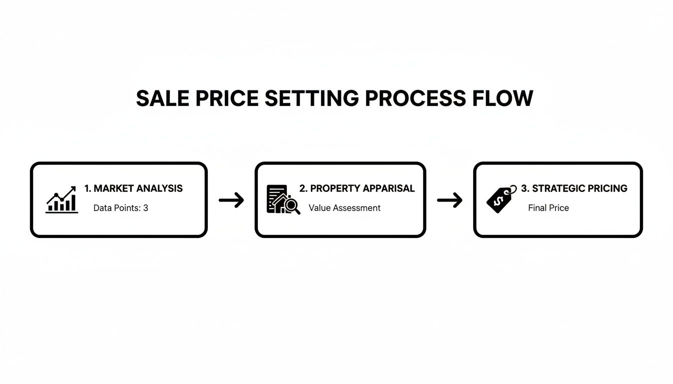 Flowchart illustrating the three-step sale price setting process: market analysis, property appraisal, and strategic pricing.